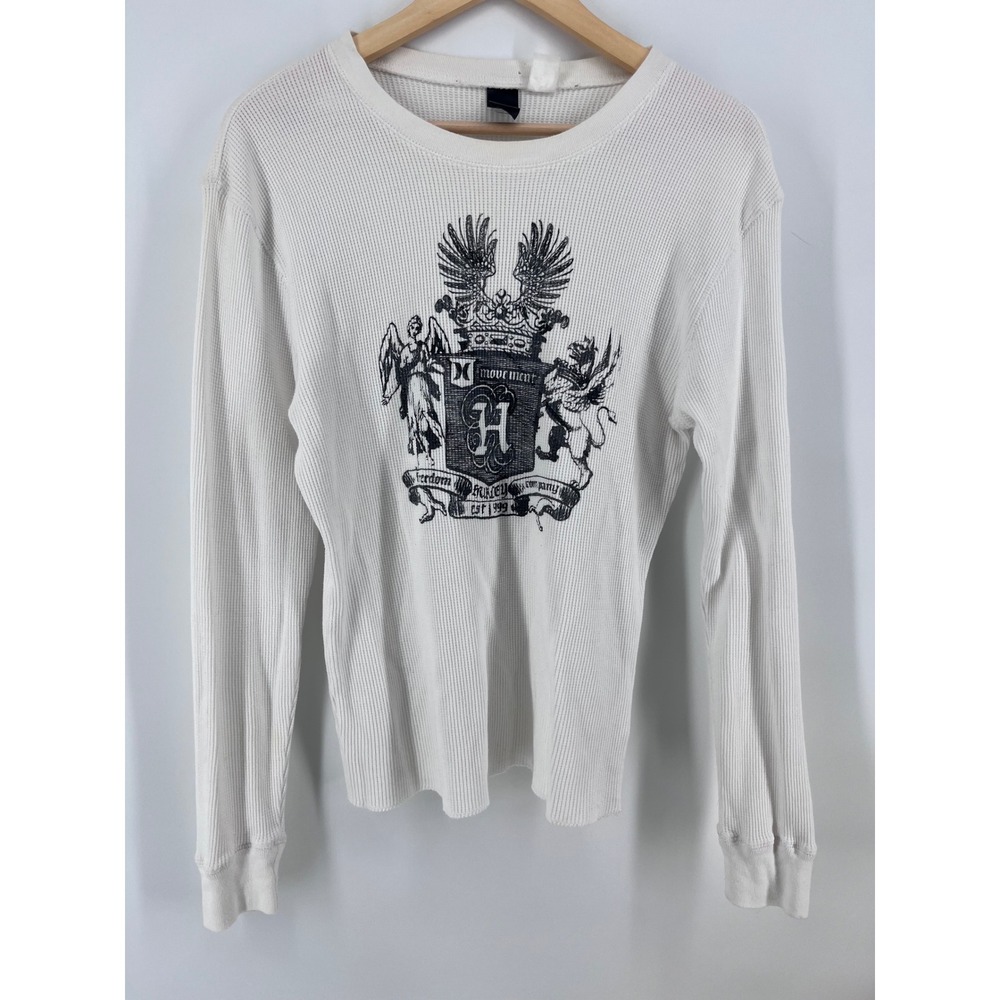 Hurley Mens White Waffle Knit Thermal Graphic Crest Long Sleeve Shirt Size M Y2K